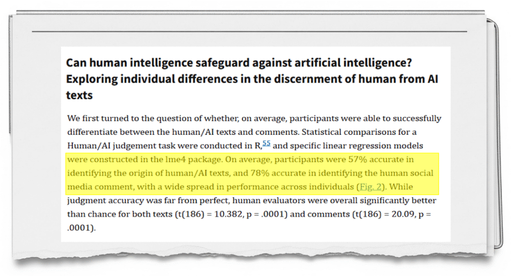 were constructed in the Ime4 package. On average, participants were 57% accurate in identifying the origin of human/Al texts, and 78% accurate in identifying the human social media comment, with a wide spread in performance across individuals